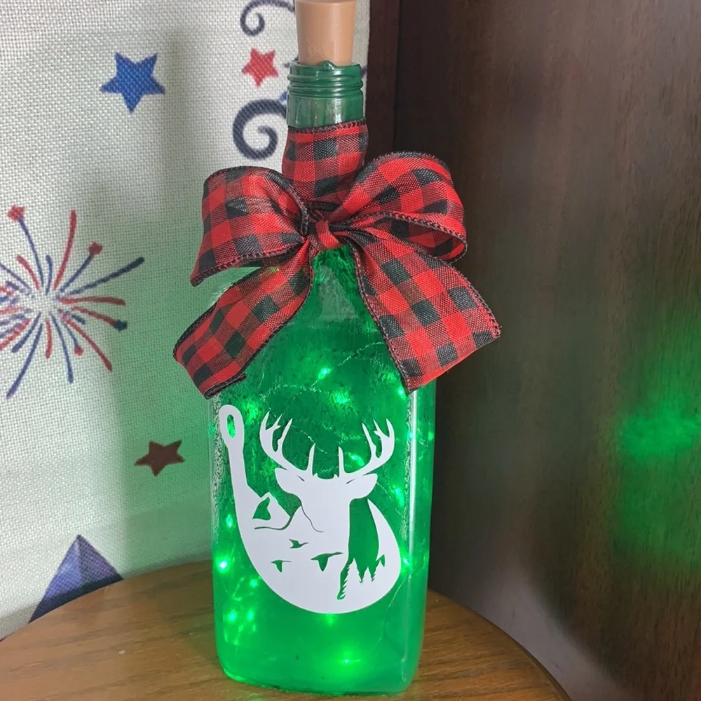 Hand Crafted Painted Green Bottle Lantern with Fish hook, Deer Design